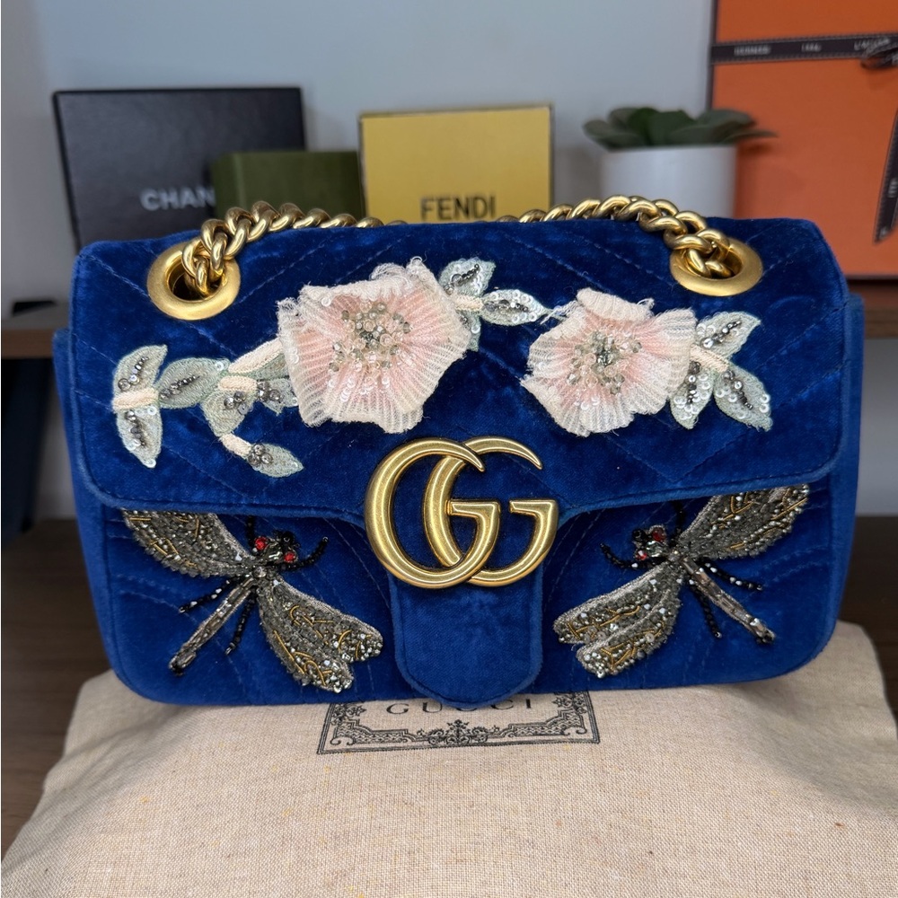 SOLD - GG Marmont Flap Bag Embellished Matelasse Velvet Mini